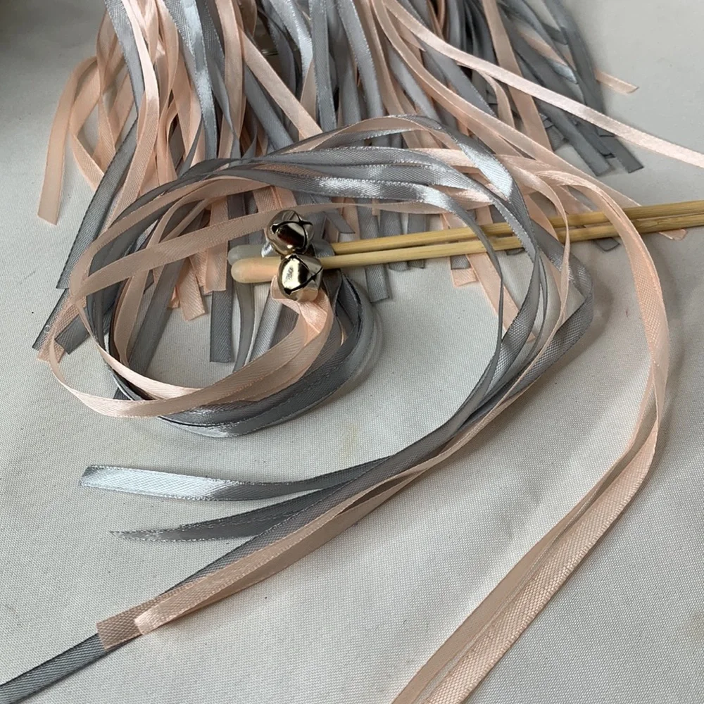 Set of 29 peachy pink and gray FAIRY WANDS / wedding ribbon streamers with bells
